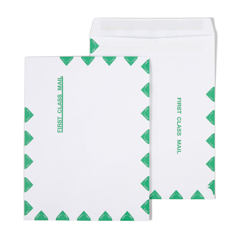 Staples First Class Self Seal #13 Envelope, 10" x 13", White with green diamond border, 100/Box (ST195032-CC)