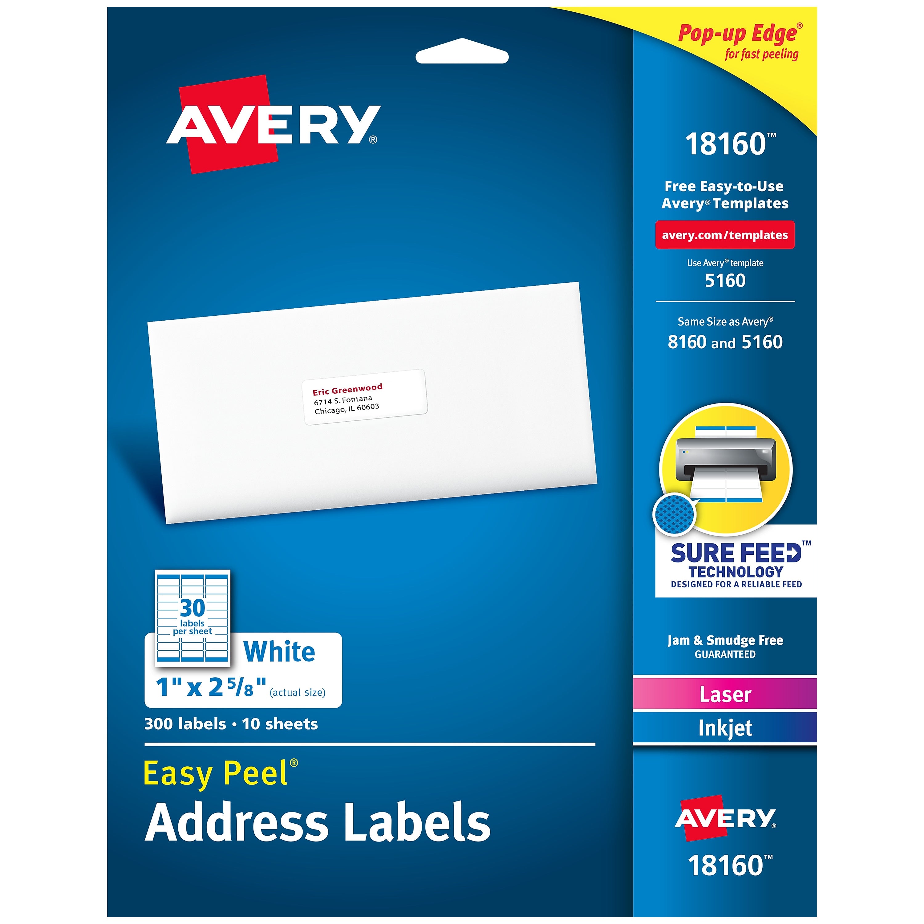 Avery Easy Peel Laser/Inkjet Address Labels, 1" x 2-5/8", White, 300 Labels/Pack (18160)