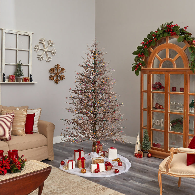 Nearly Natural 7-ft Frosted Berry Twig Artificial Christmas Tree with 450 Multicolored Gum Ball LED Lights (T3258)