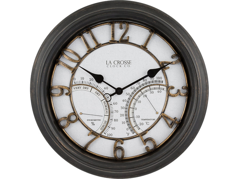 La Crosse Technology Indoor/Outdoor Silent Analog Quartz Wall Clock with Thermometer and Hygrometer, 19.7"Dia. (404-4450)