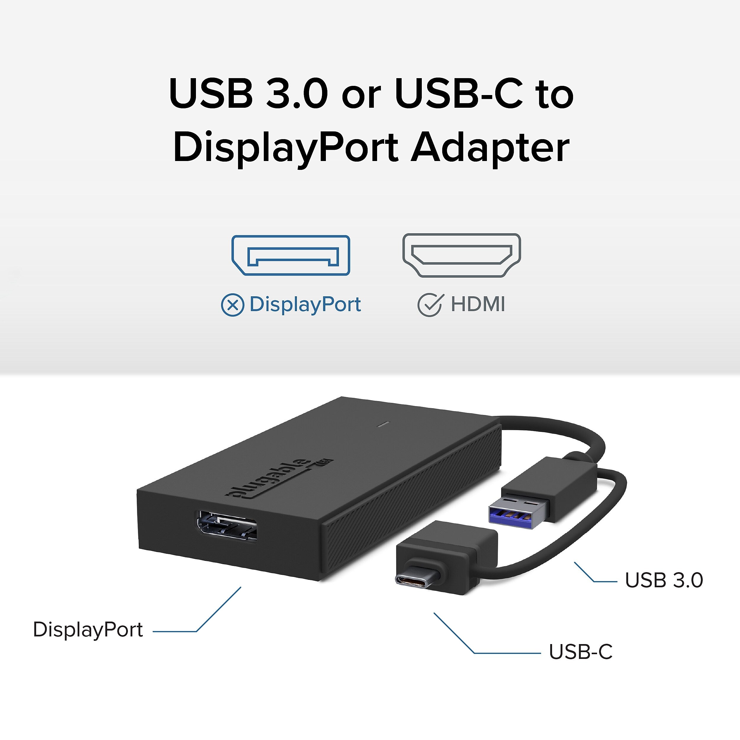 Plugable USB 3.0/USB-C to DisplayPort Adapter, Black (UGA-DP-S)