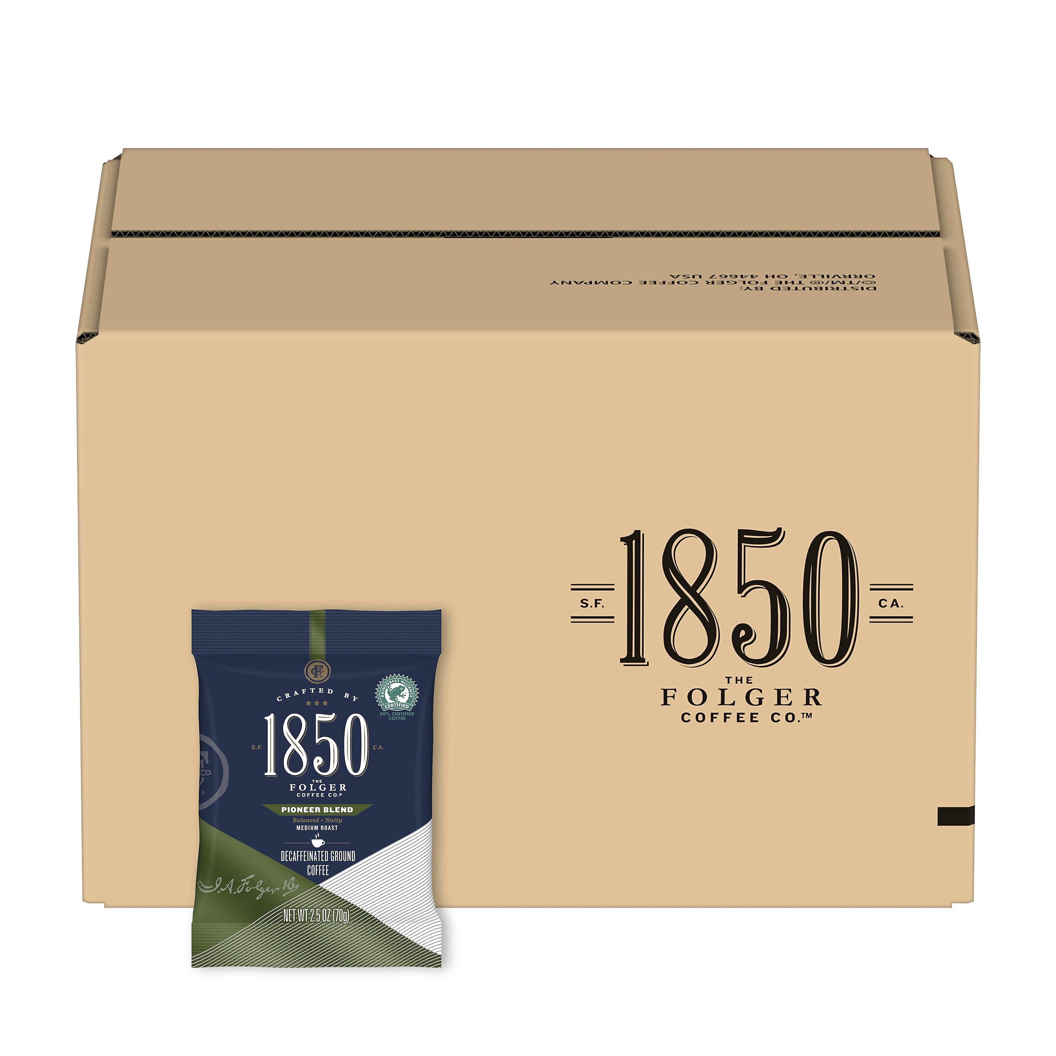 1850 Pioneer Blend Decaf Ground Coffee, Medium Roast, 2.5 oz. Fraction Pack, 24/Carton (2550021513)