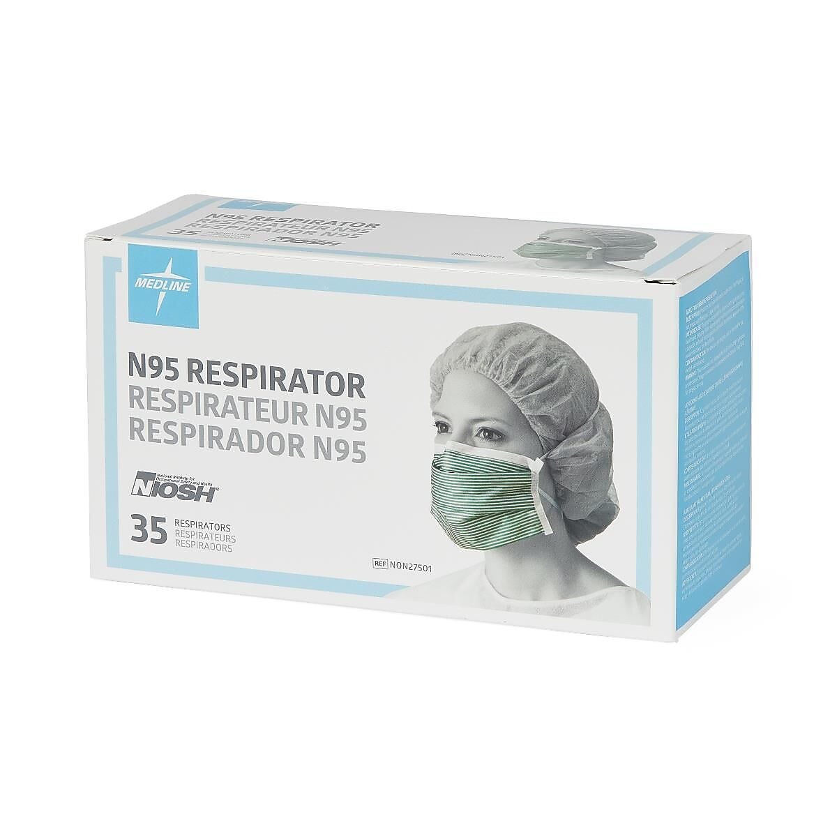 Medline Disposable N95 Flat Fold Adjustable Particulate Respirator Masks, White/Green, 210/Pack