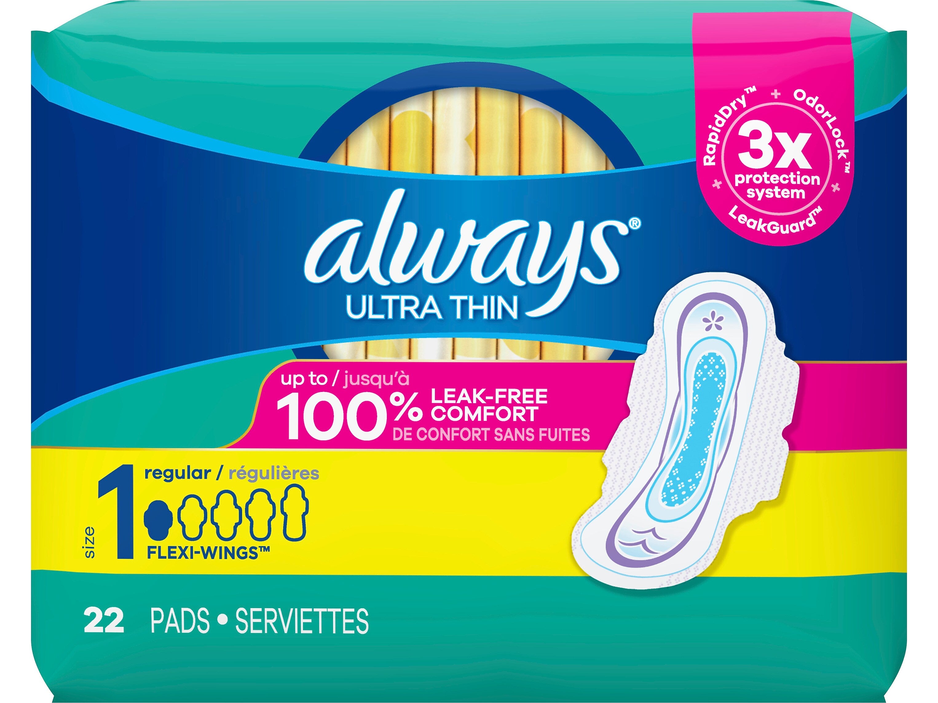 Always Ultra Thin Regular Pad with Wings, Unscented, 22/Pack, 12 Packs/Carton (03339)