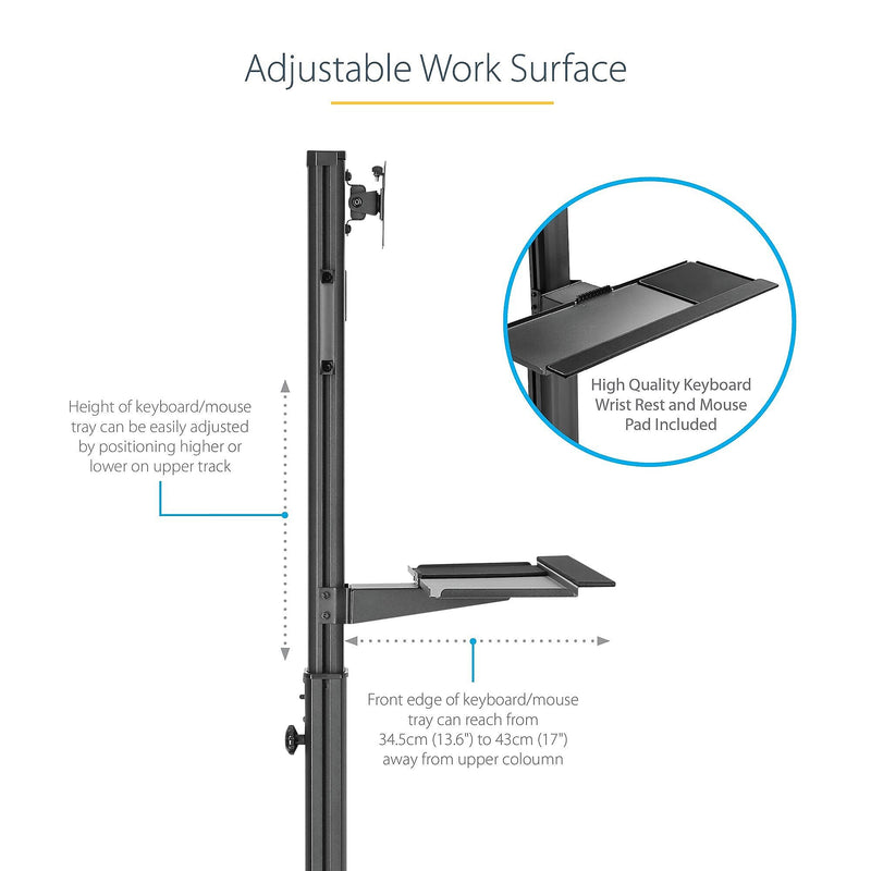 StarTech.com Adjustable Mobile Workstation Cart with Monitor Mount, 50.4" to 63", Black (WKSTNCART)