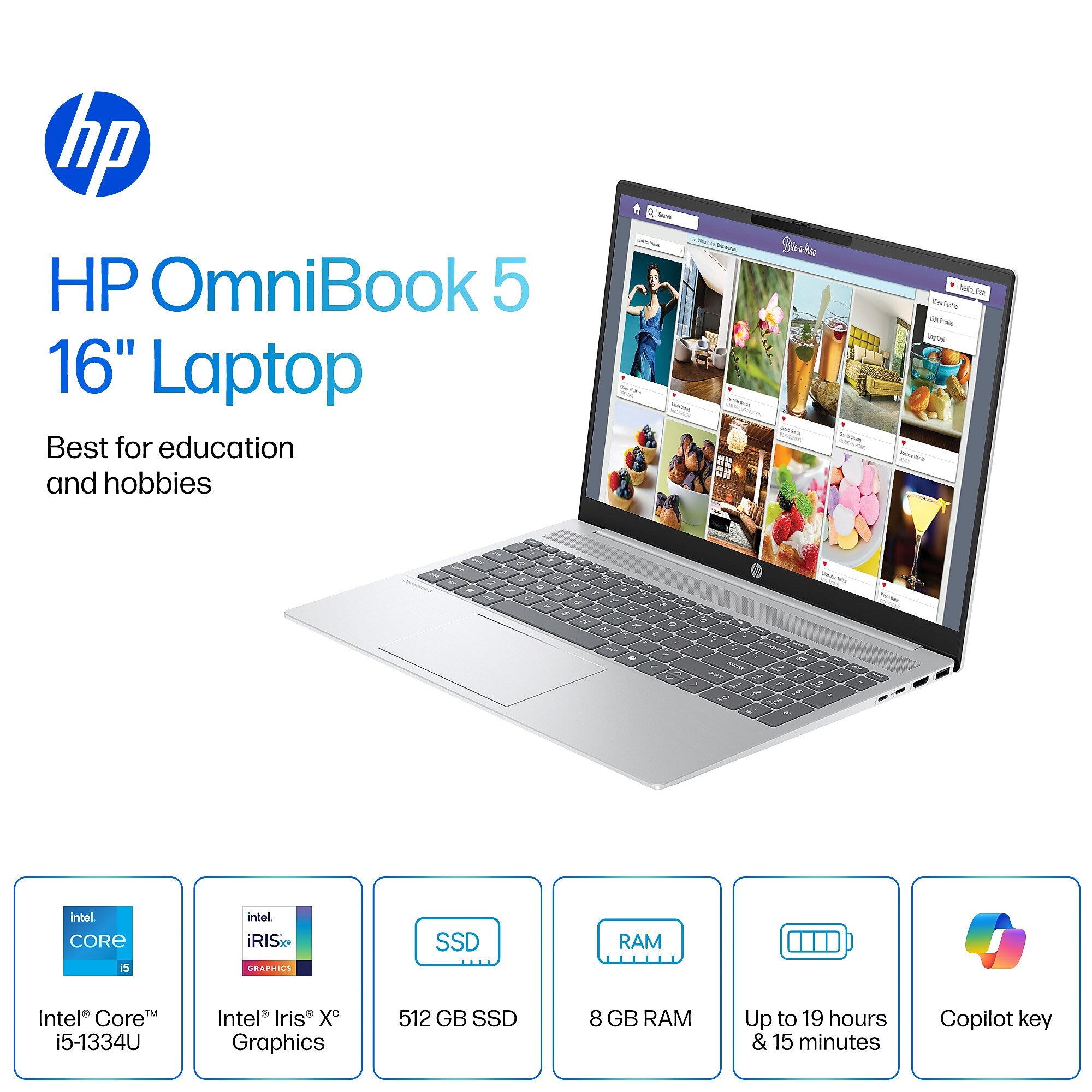 HP Omni Book 5 16" 2K Laptop, Intel Core i5-1334U, 8GB RAM, 512GB SSD, Backlit Keyboard, +19.25 hours battery, Windows 11 Home
