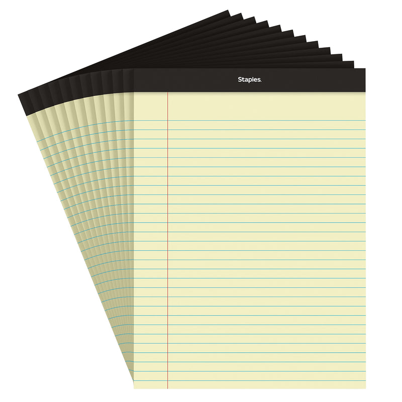 Staples Notepads, 8.5" x 11", Wide Ruled, Canary, 50 Sheets/Pad, Dozen (ST57300)