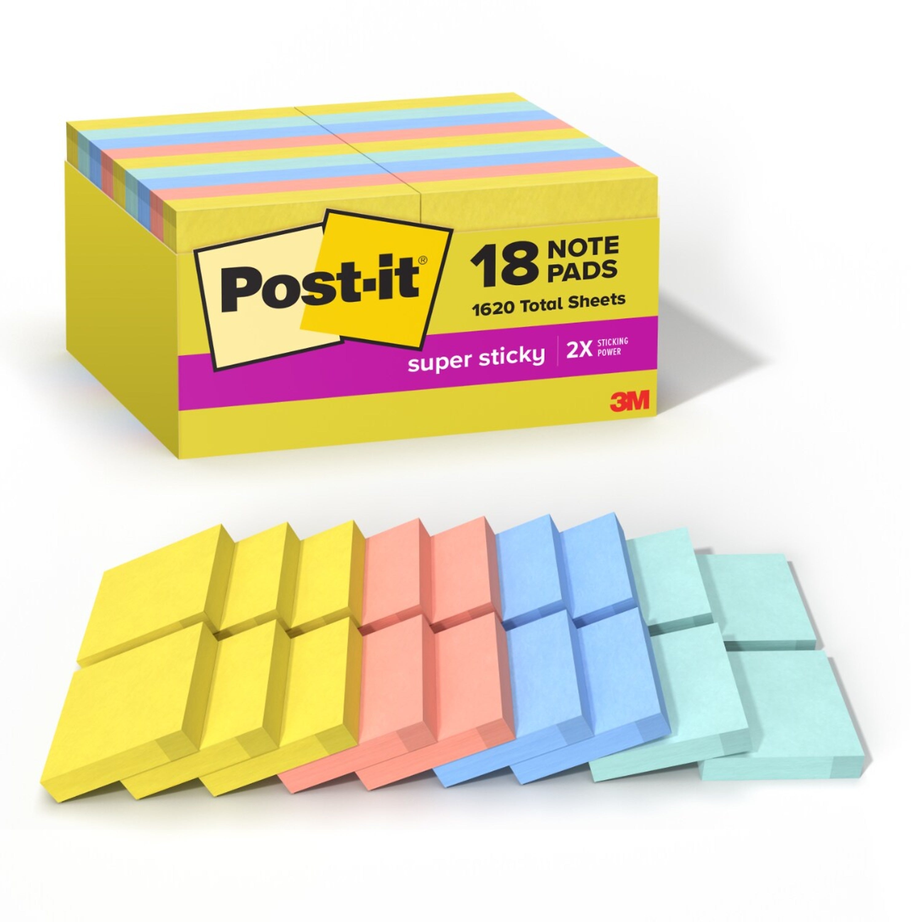 Post-it Super Sticky Pop-up Notes, 2" x 2", Summer Joy Collection, 90 Sheets/Pad, 18/Pads (622-18SSJOY-CP)