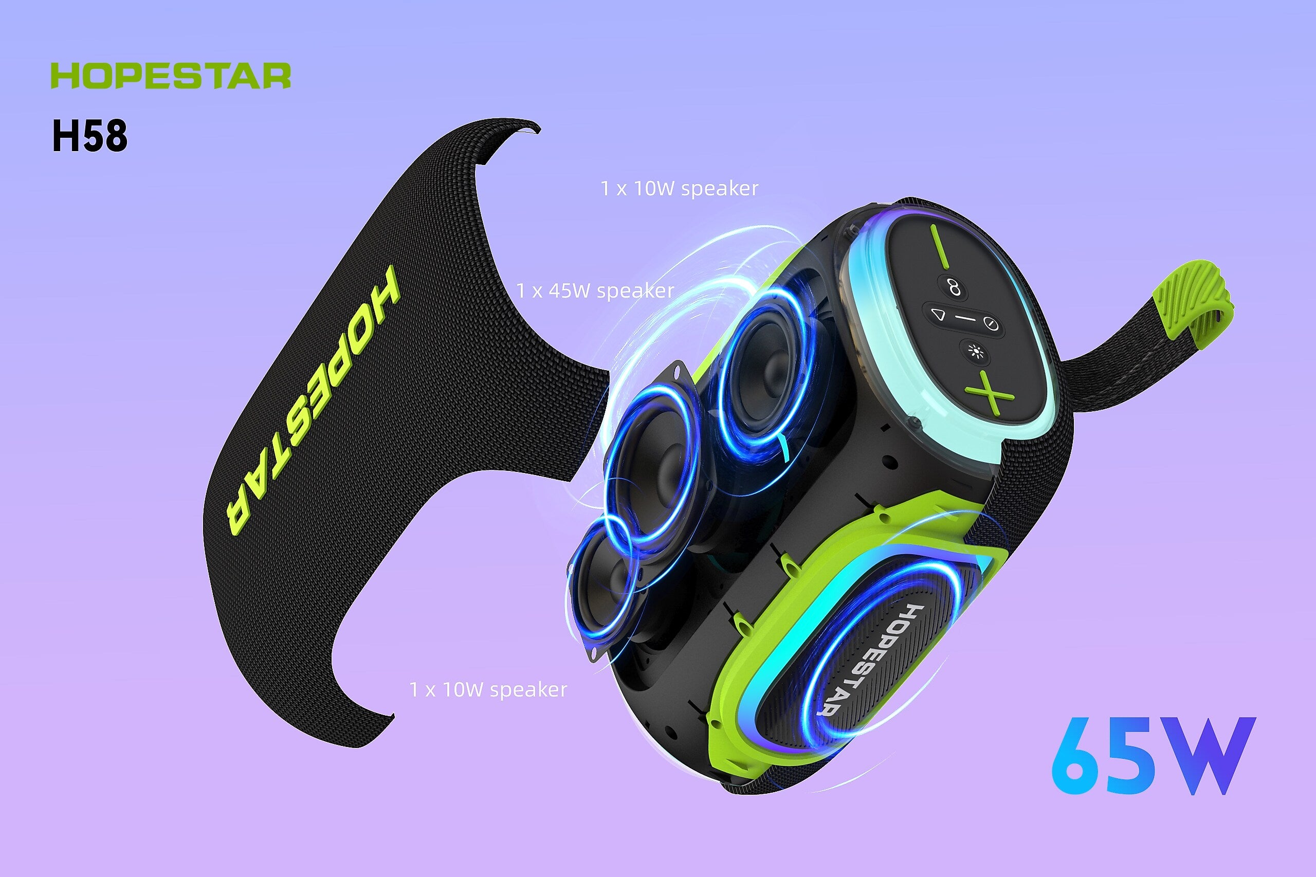 Worryfree Gadgets Hopestar Wireless Bluetooth 65W Party Speaker with RGB Lights, Waterproof, Green (WH58)