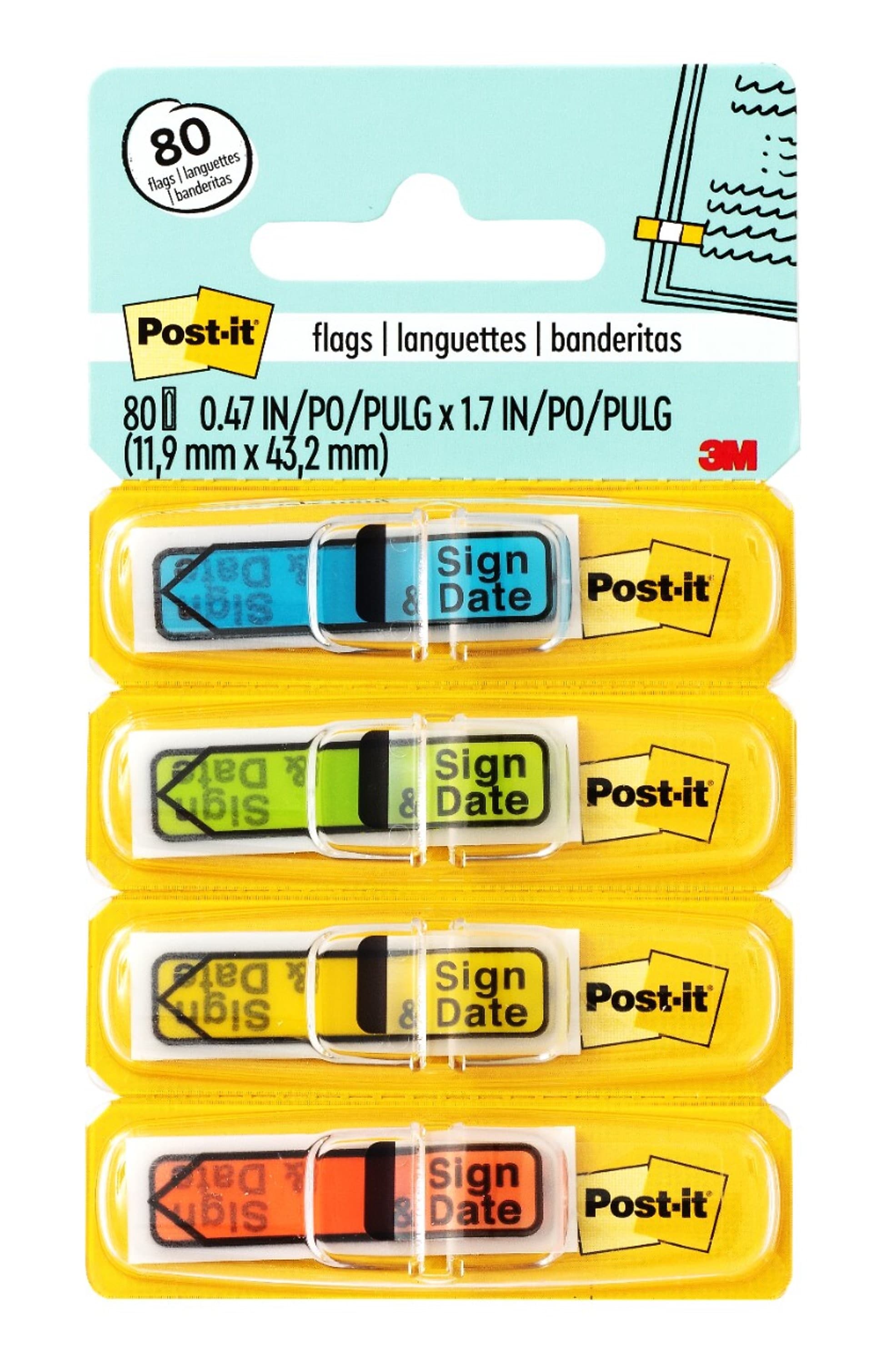 Post-it 'Sign and Date' Message Flags, 0.47" Wide, Assorted Colors, 80 Flags/Pack (684-SD)