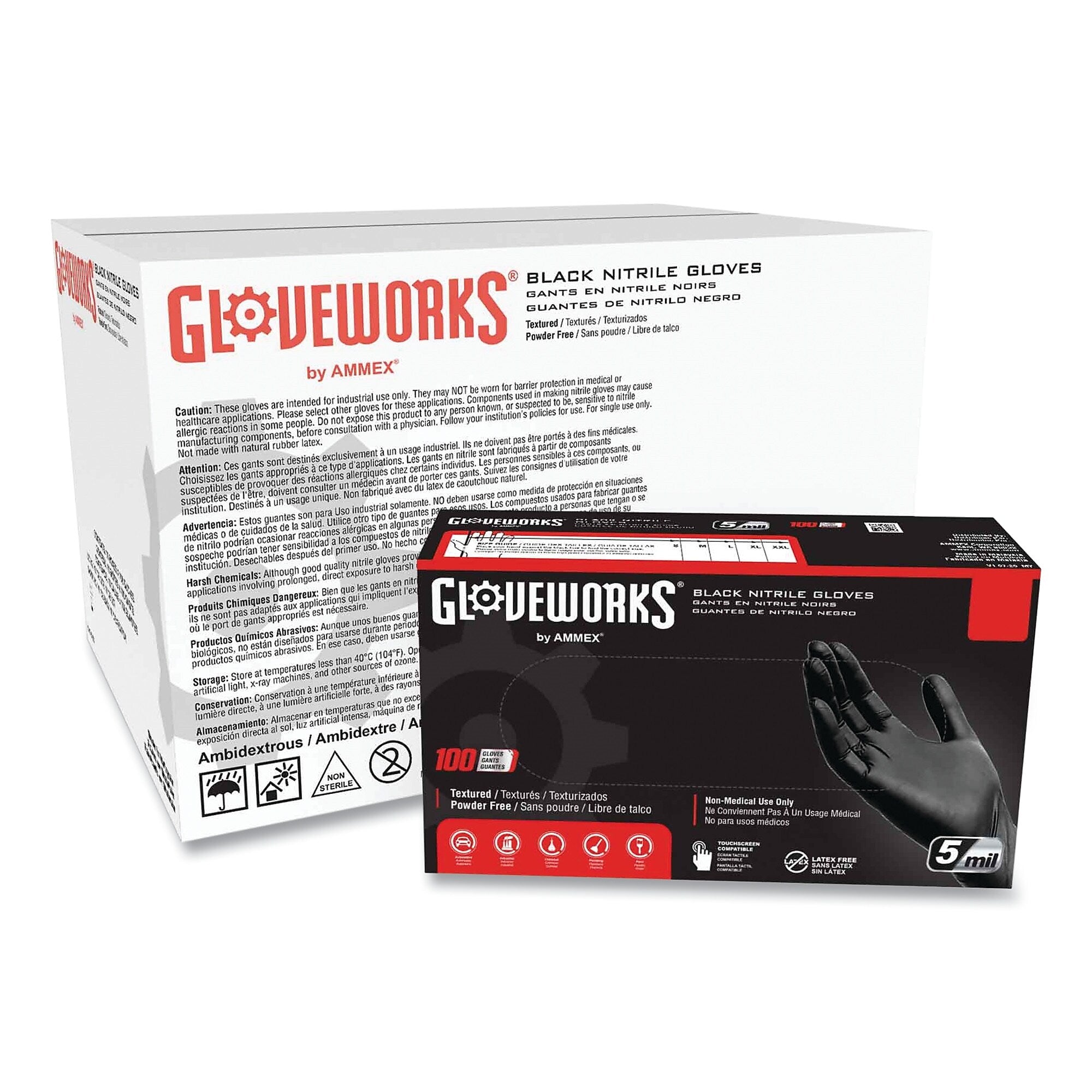 GloveWorks by AMMEX Industrial Nitrile Gloves, Powder-Free, 5 mil, Medium, Black, 100/Box, 10/Carton