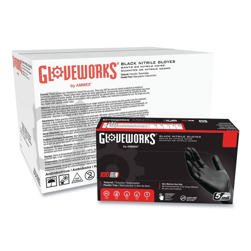 GloveWorks by AMMEX Industrial Nitrile Gloves, Powder-Free, 5 mil, Medium, Black, 100/Box, 10/Carton