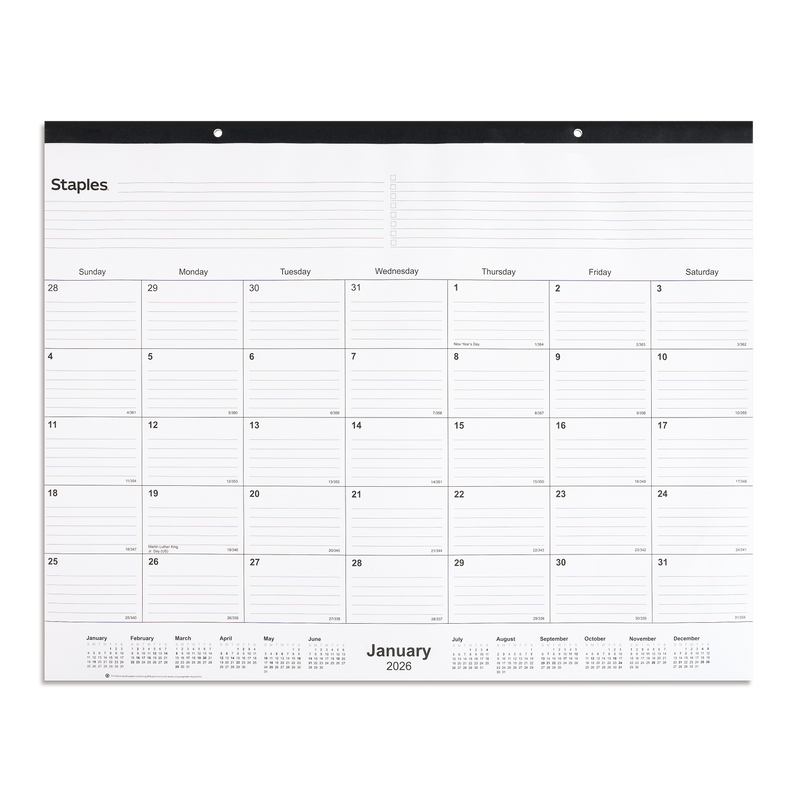 2026 Staples 21.75" x 17" Monthly Desk Pad Calendar, White/Black (ST12951-26)