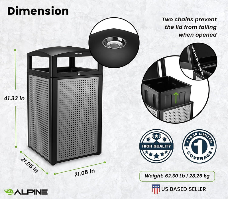 Alpine Industries Steel Outdoor Commercial Trash Can with Ashtray Dome Lid, 40 Gallon, Silver, 2/Pack (ALP472-40-SIL-2PK)