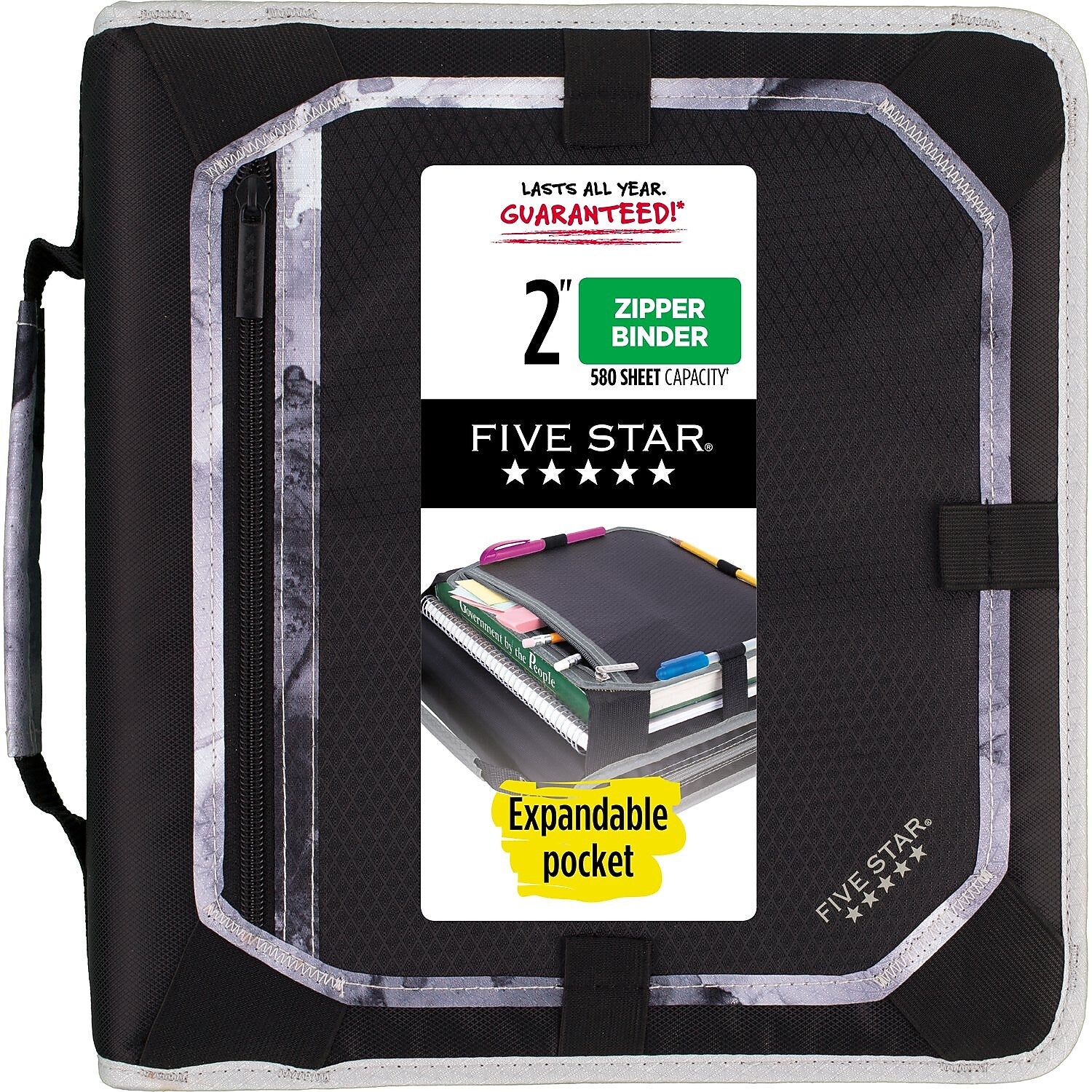 Five Star 2" 3-Ring Zipper Binders, Black/Gray (29052IT8)