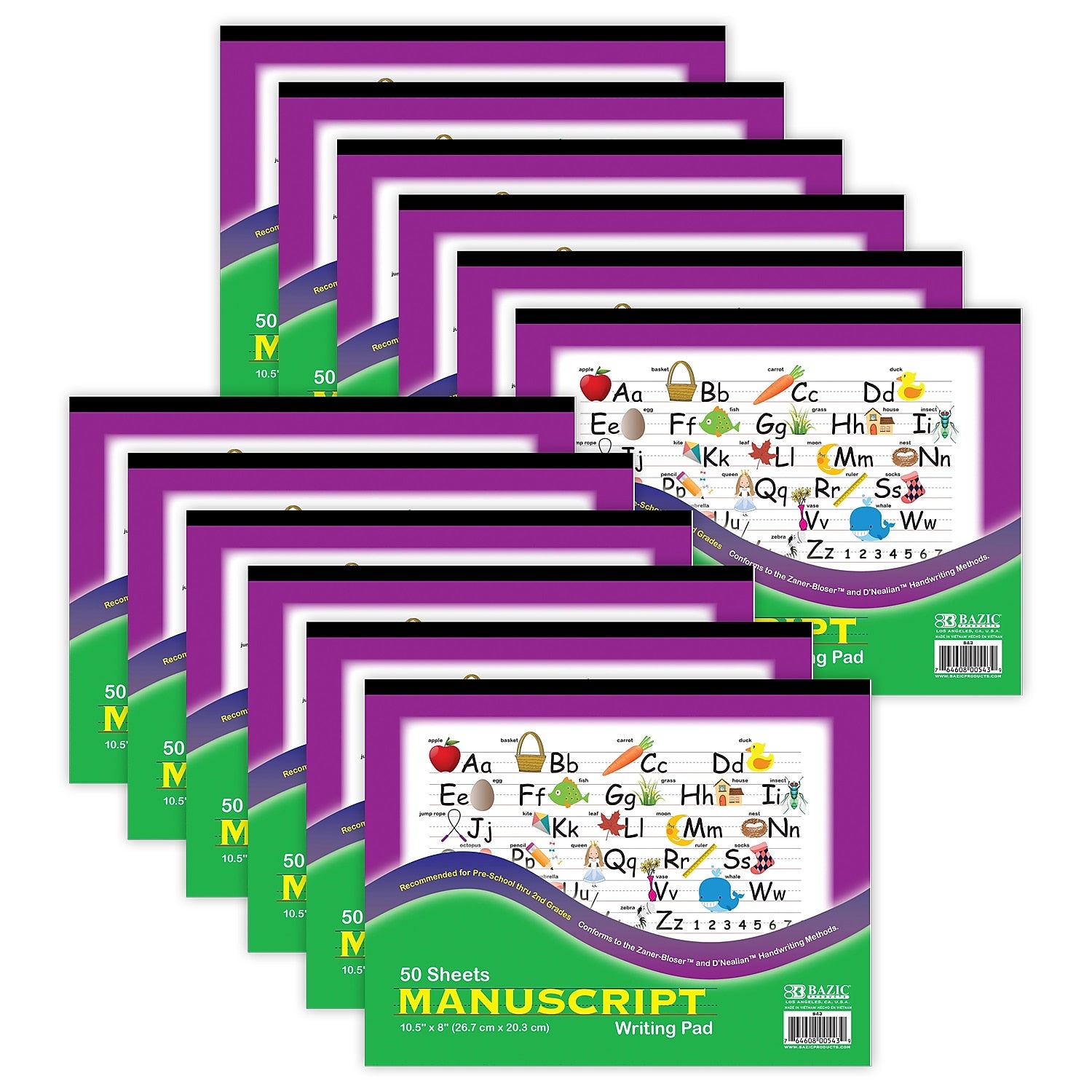 Bazic Handwriting Practice Paper, 10.5" x 8", White, 50 Sheets/Pad, 12 Pads/Bundle (BAZ543-12)