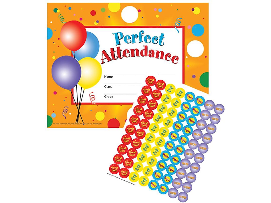 Flipside Perfect Attendance Certificate with Reward Seals, 8.5" x 11", Multicolor, 30/Pack, 5 Packs/Carton (VA801-5)
