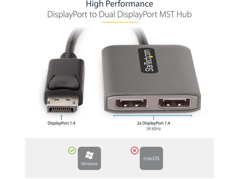 StarTech DisplayPort to 2 x DisplayPort Hub, Male to Female, Space Gray (MST14DP122DP)