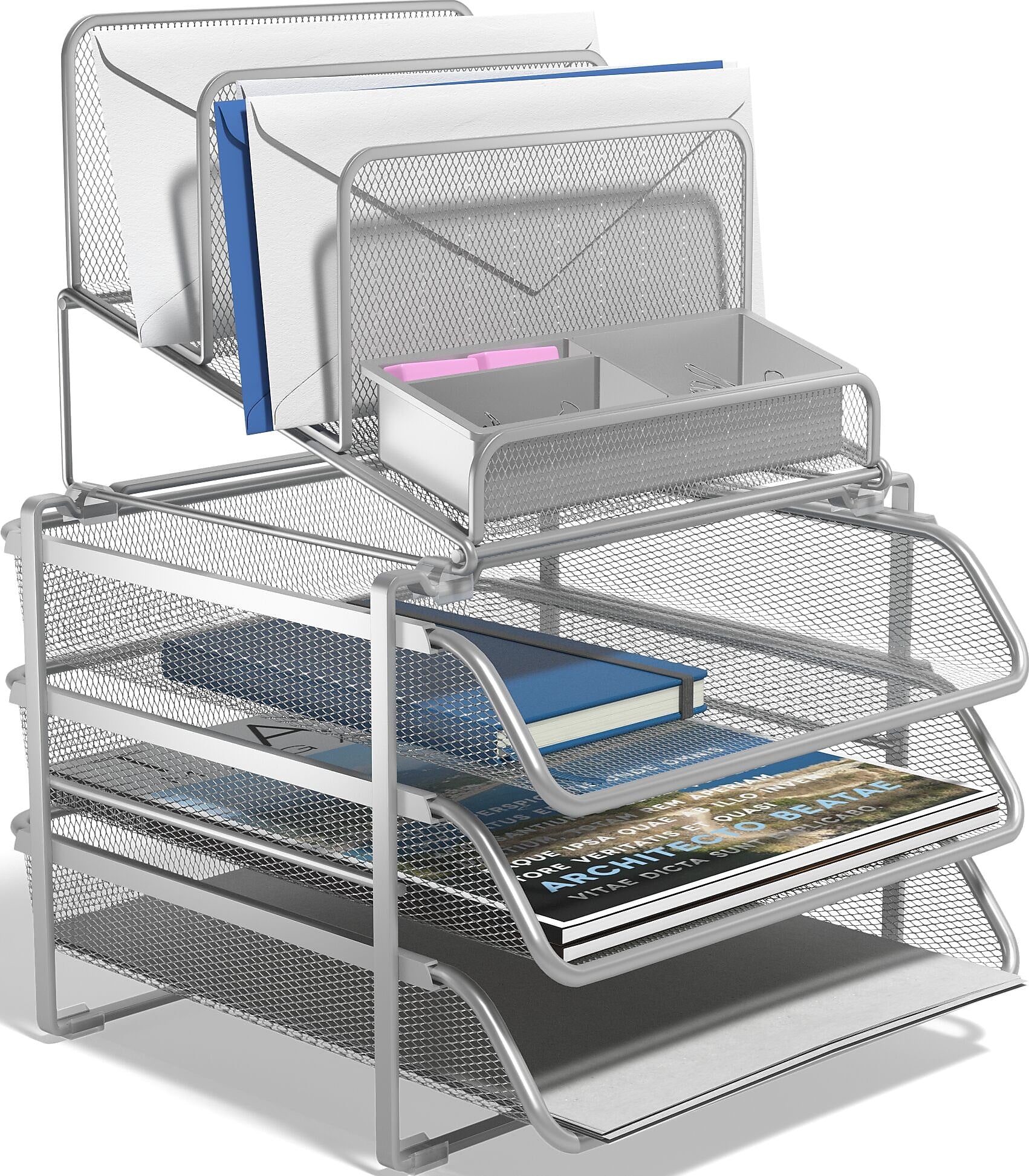 TRU RED™ All-In-One 10-Compartment Wire Mesh Compartment Storage, Silver (TR57531)