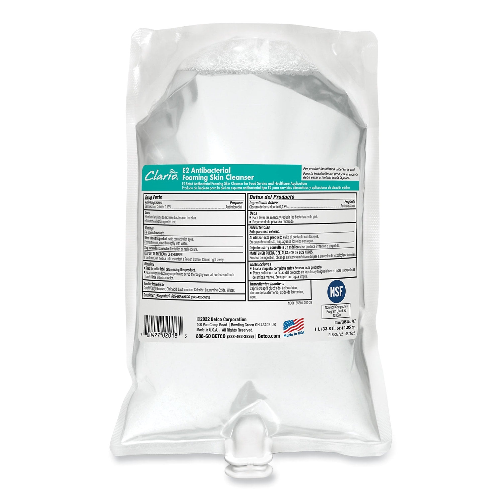 Betco E2 Antibacterial Foaming Hand Soap, 1,000 mL Refill, 6/Carton (BET71729000