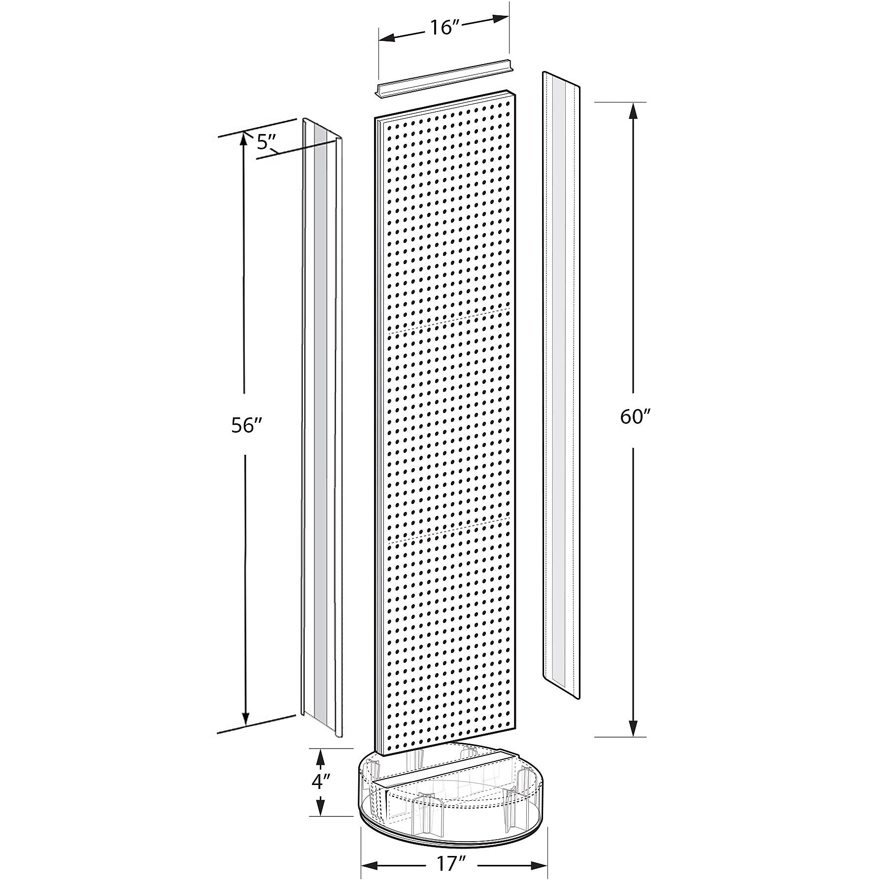 Azar Displays 60” x 16” Two-Sided Pegboard Floor Display w/ C-Channel Sides on Revolving Round Studio Base, Clear (700788-CLR)