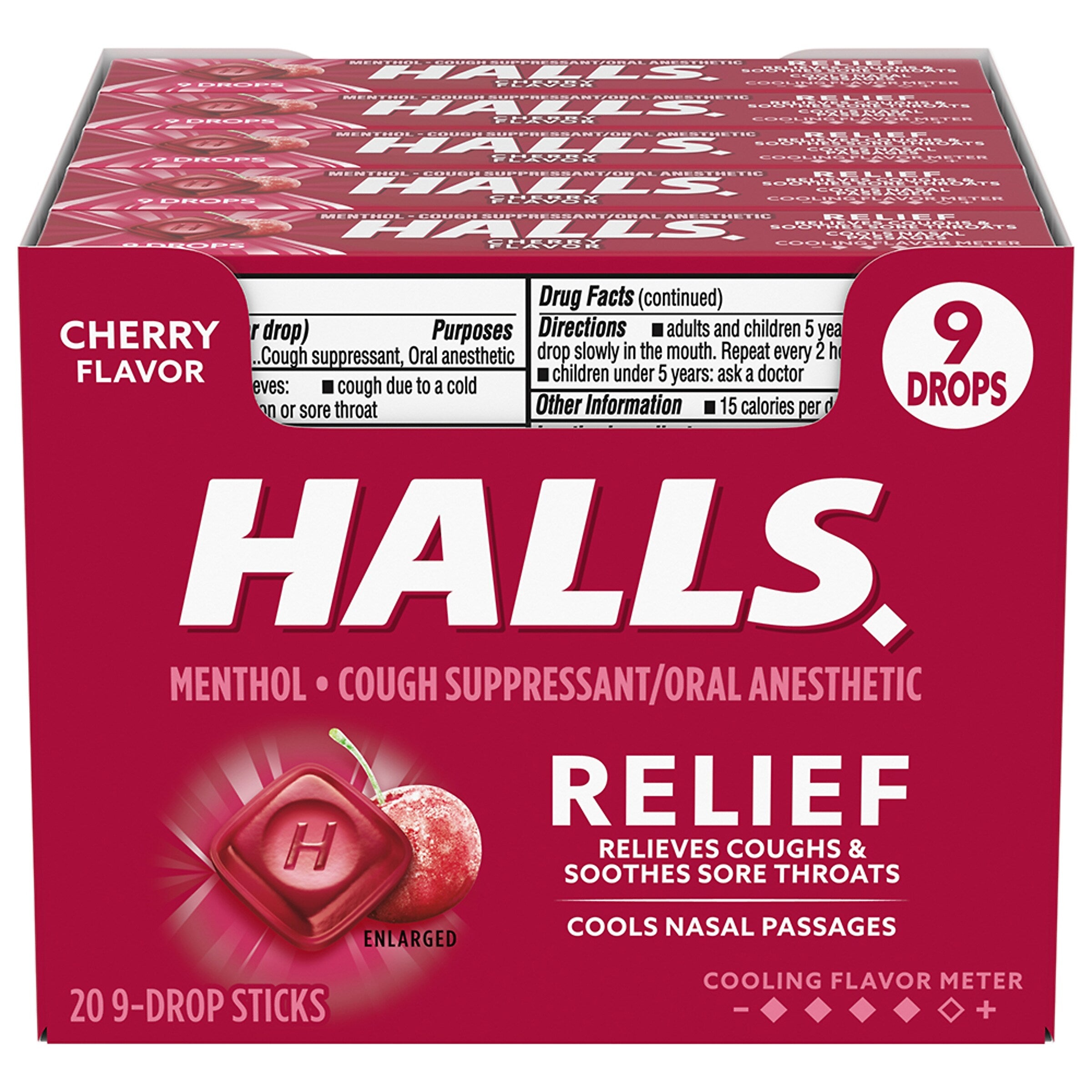 Halls Mentho-Lyptus Cough & Sore Throat Lozenges, Cherry, 9 Pieces/Pack, 20 Packs/Box (AMC62476)