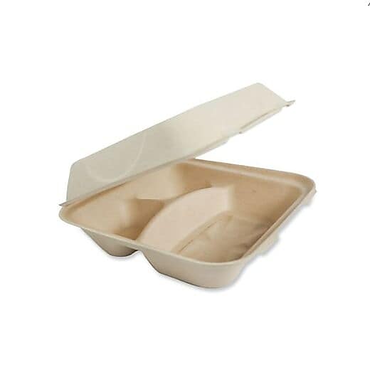 World Centric Fiber Hinged Containers, 3-Compartment, 9.3" x 9" x 3.3", Natural, Paper, 300/Carton (WORTOSCU9TLFP)