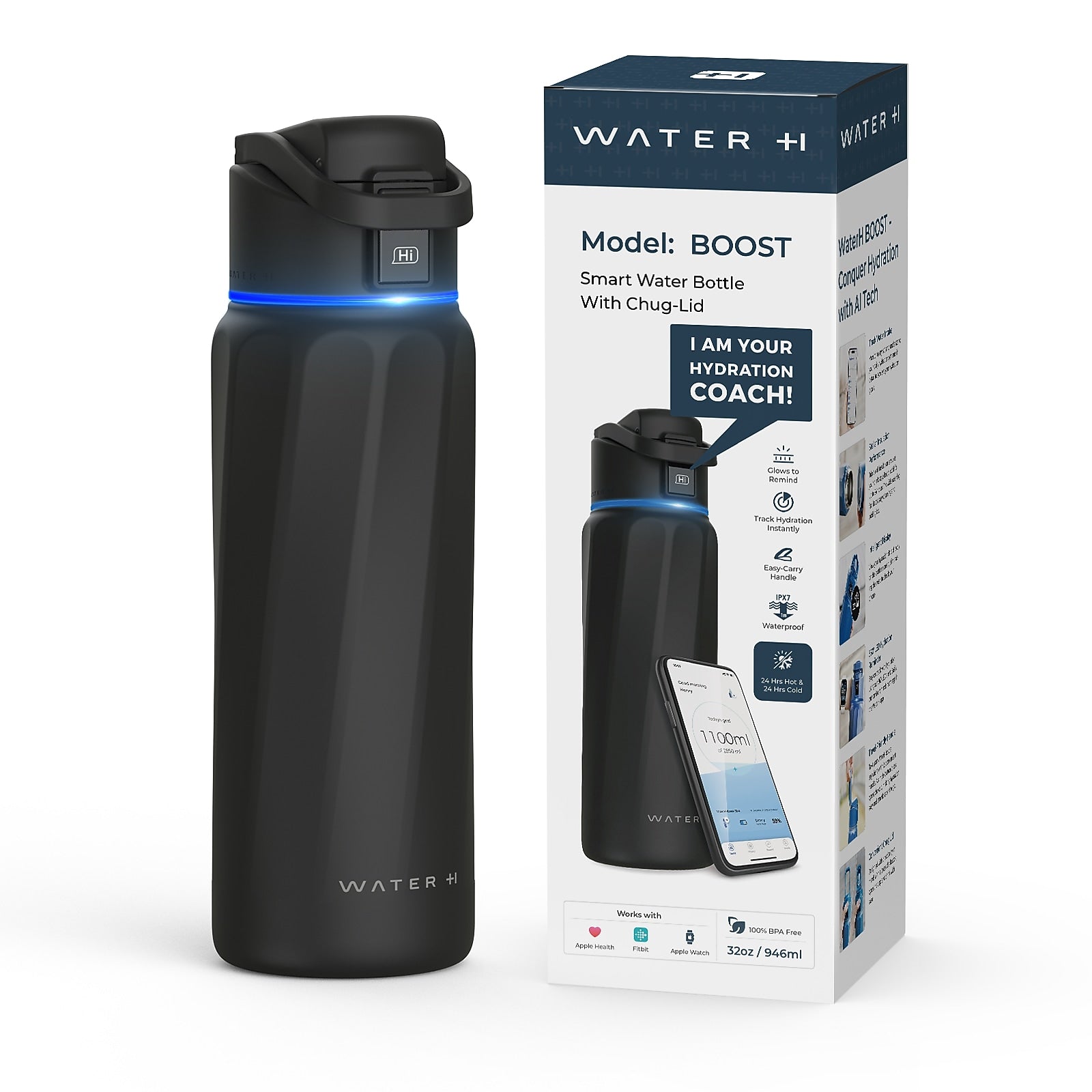 WaterH BOOST Stainless Steel Triple Wall Insulated Smart Water Bottle, 32 oz., Black (B003BK)