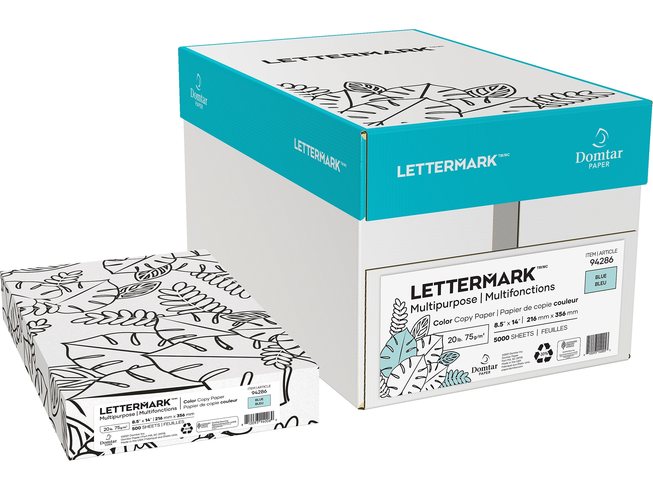 Lettermark Colors 30% Recycled 8.5" x 14" Multipurpose Paper, 20 lbs., Blue, 5000/Carton (94286)