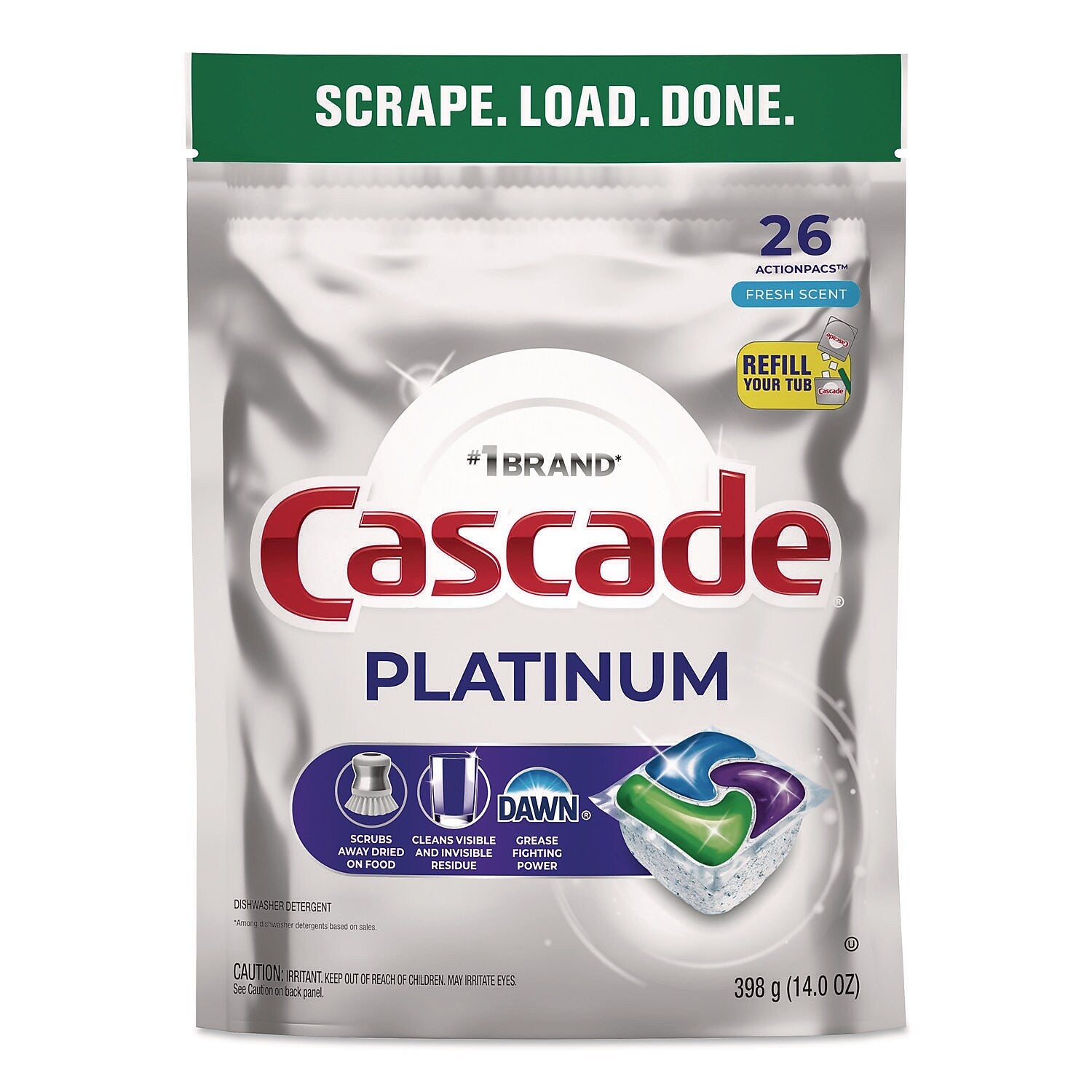 Cascade Platinum ActionPacs Dishwasher Detergent, Fresh Scent, 14 oz., 26 Pacs/Pack, 4 Packs/Carton (80797184)