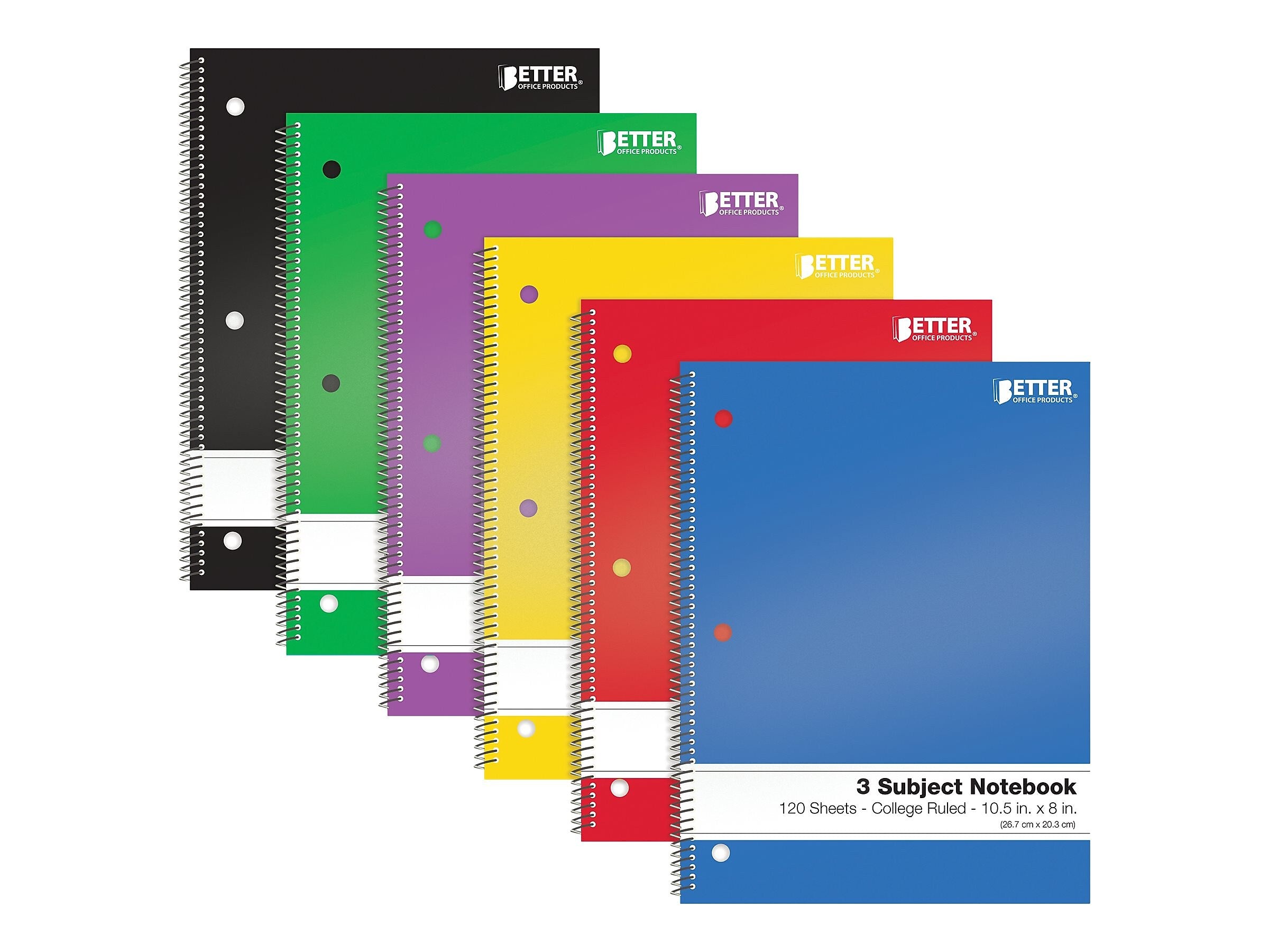 Better Office 3-Subject Notebooks, 8" x 10.5", College Ruled, 120 Sheets, 6/Pack (25736-6PK)