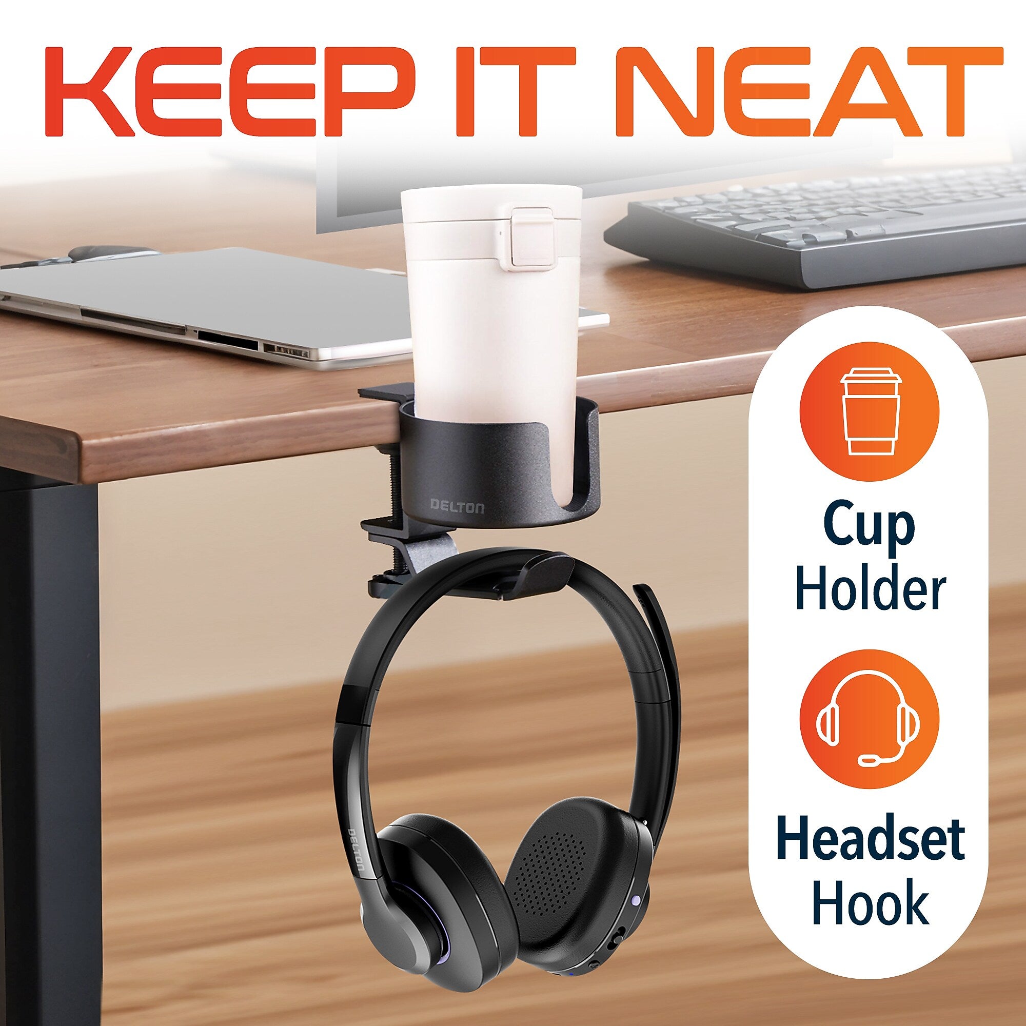 Delton H22 Under Desk Cup Holder and Desk Hook for Headphones, Black (DHSCH22)