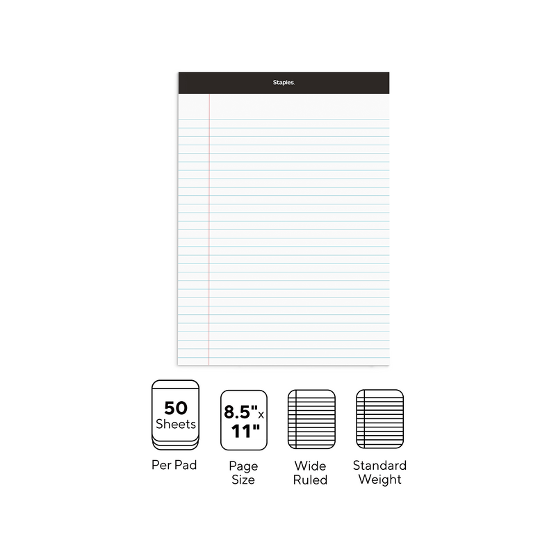 Staples Notepads, 8.5" x 11", Wide Ruled, White, 50 Sheets/Pad, Dozen (ST57339M/57339)