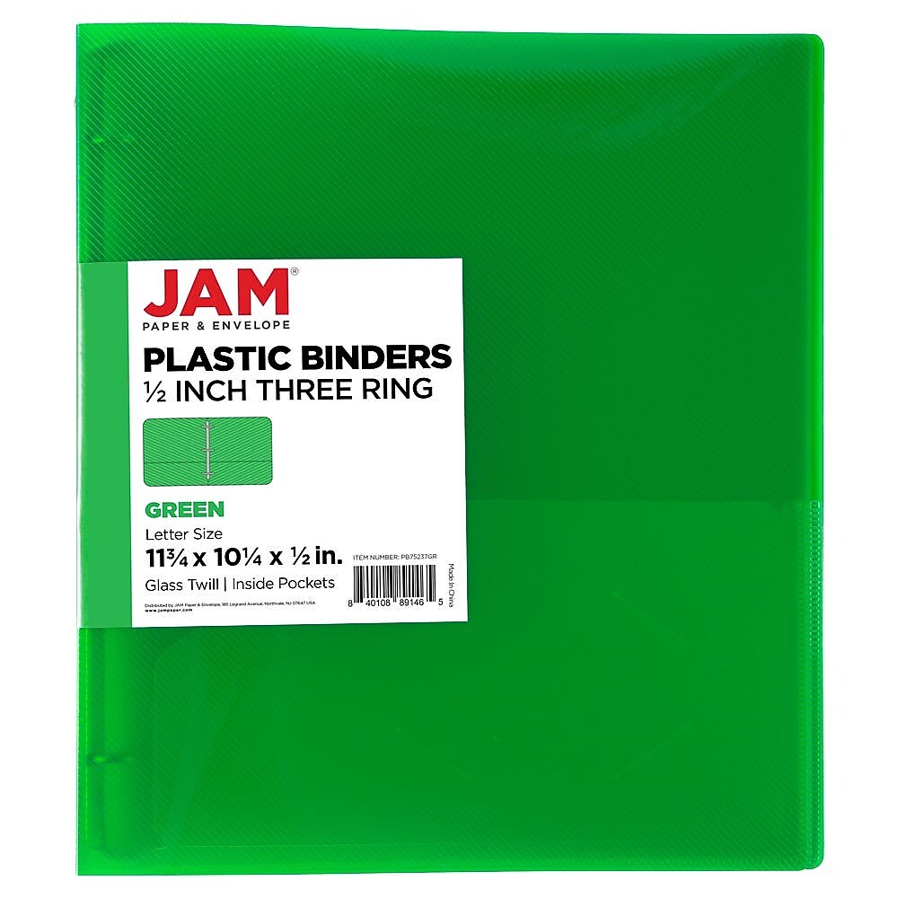 JAM Paper 1/2" 3-Ring Flexible Poly Binder, Green (PB75237GR)