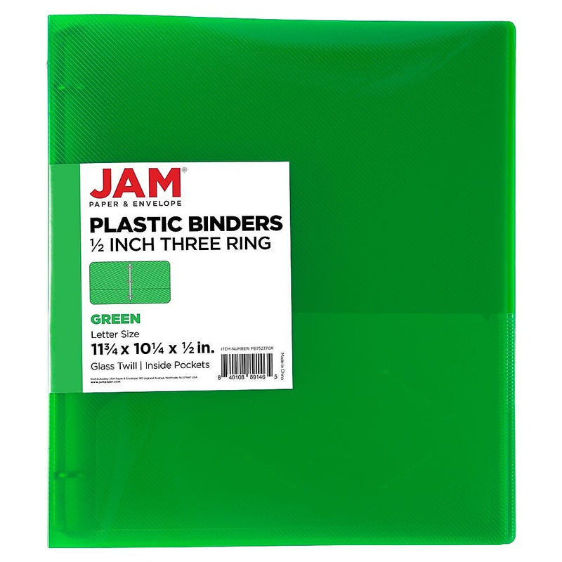 JAM Paper 1/2" 3-Ring Flexible Poly Binder, Green (PB75237GR)