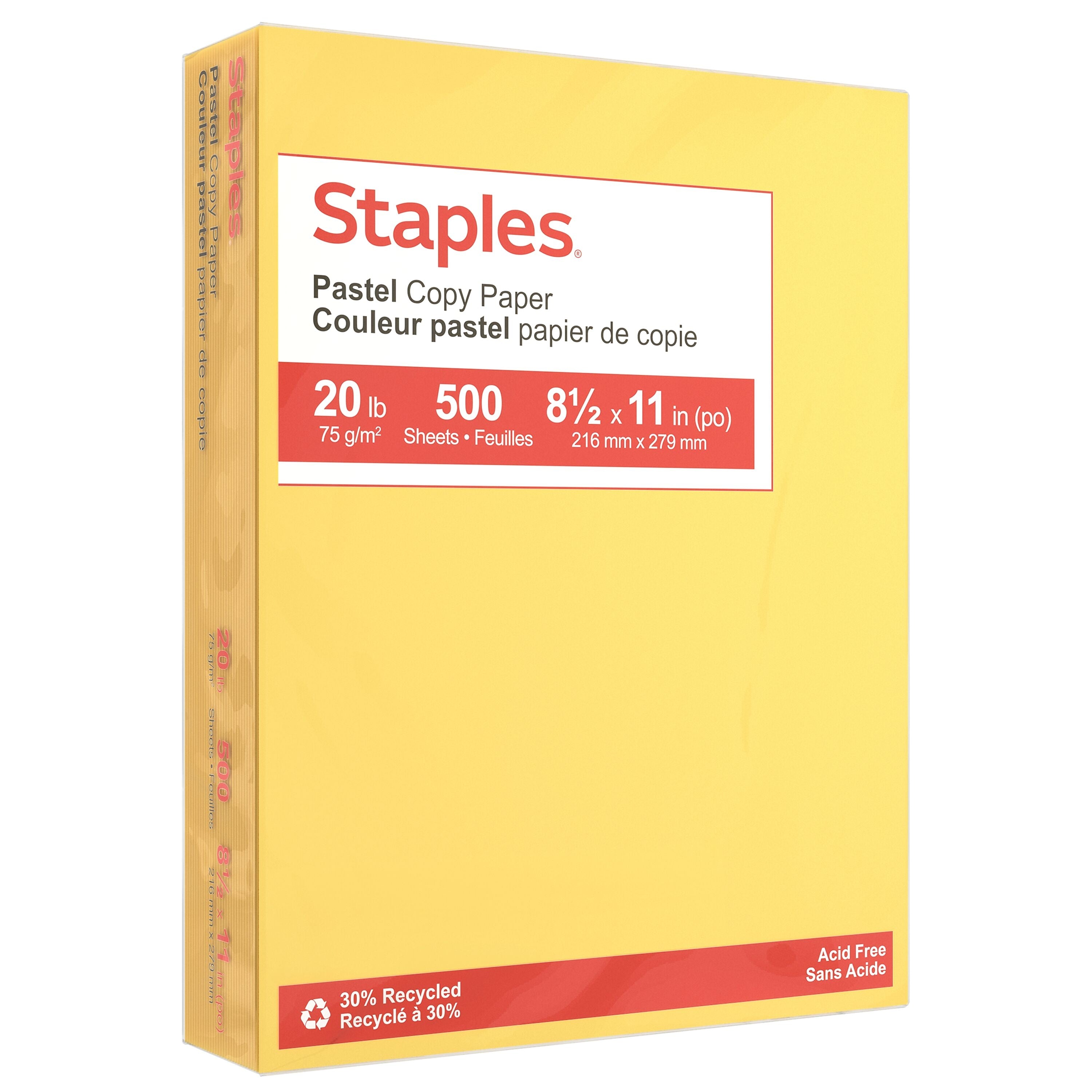 Staples Pastel 30% Recycled Color Copy Paper, 20 lbs., 8.5" x 11", Canary, 500/Ream (14787)