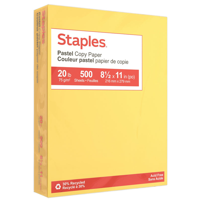 Staples Pastel 30% Recycled Color Copy Paper, 20 lbs., 8.5" x 11", Canary, 500/Ream (14787)