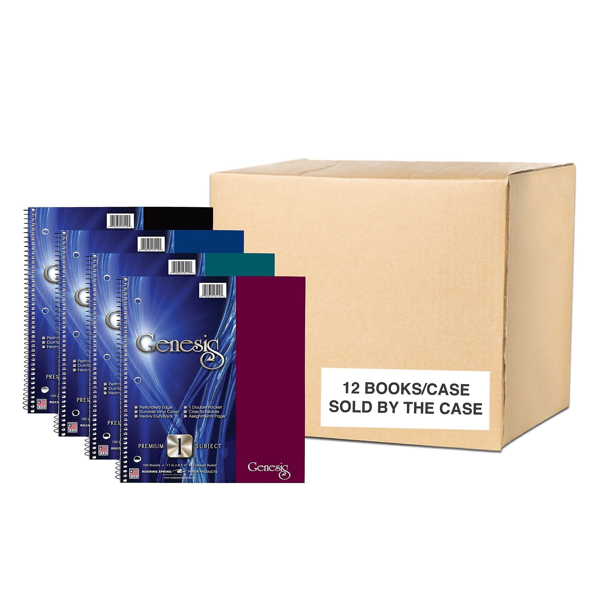 Roaring Spring Paper Products 1-Subject Notebooks, 9" x 11", College Ruled, 100 Sheets, Assorted Colors, 12/Case (13112CS)