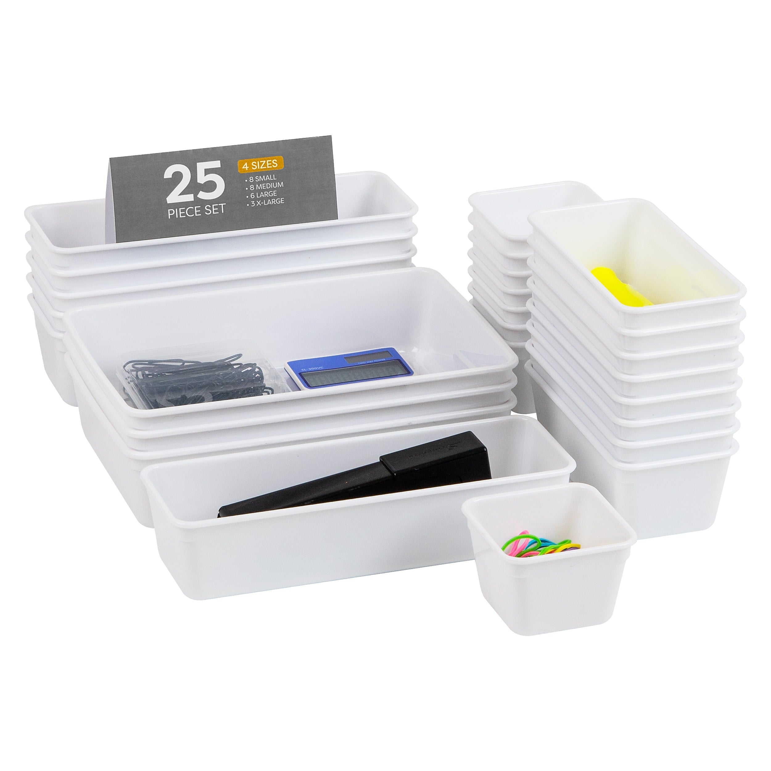 Mind Reader Stackable Plastic Desk Tray Set, White, 25 Pieces (DRORG25-WHT)