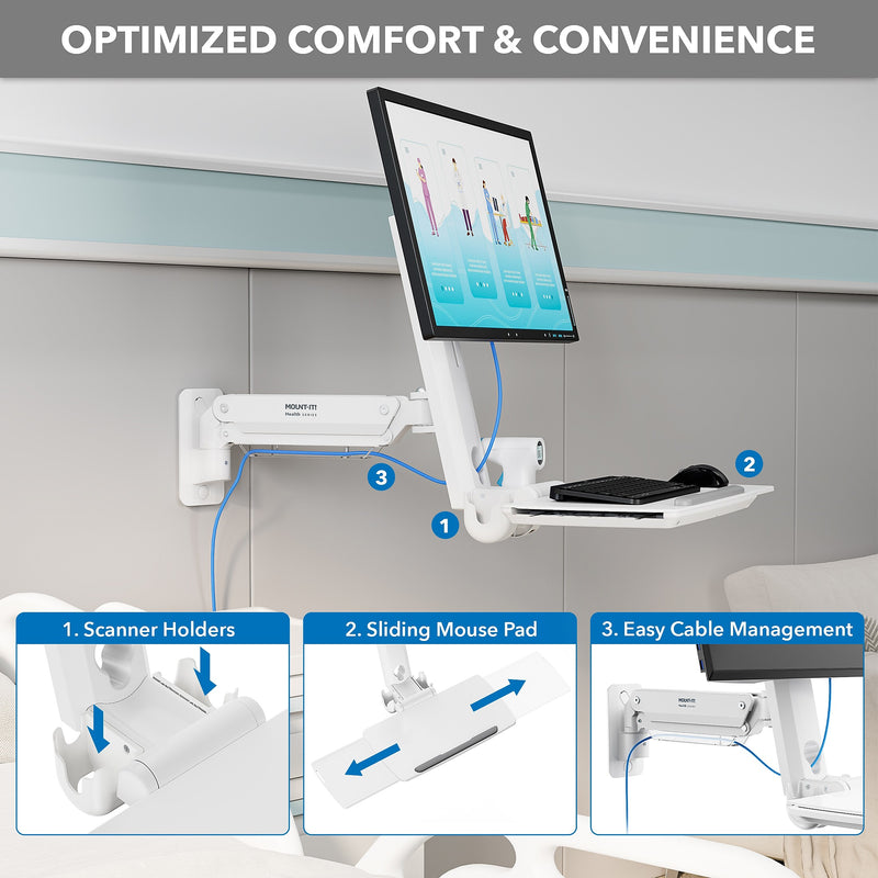 Mount-It! MedHub Wall Mounted, Flexible Workstation for Monitors up to 35", Matte White (MI-16001)