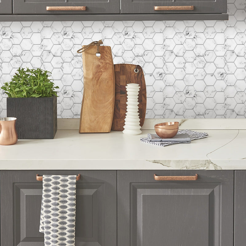 York Wallcoverings Carrara Marble Hexagon Peel and Stick Backsplash (TIL4245FLT)