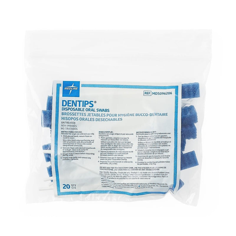 Medline Dentips Oral Swabsticks, Blue, Untreated, 20/Bag (MDS096206H)