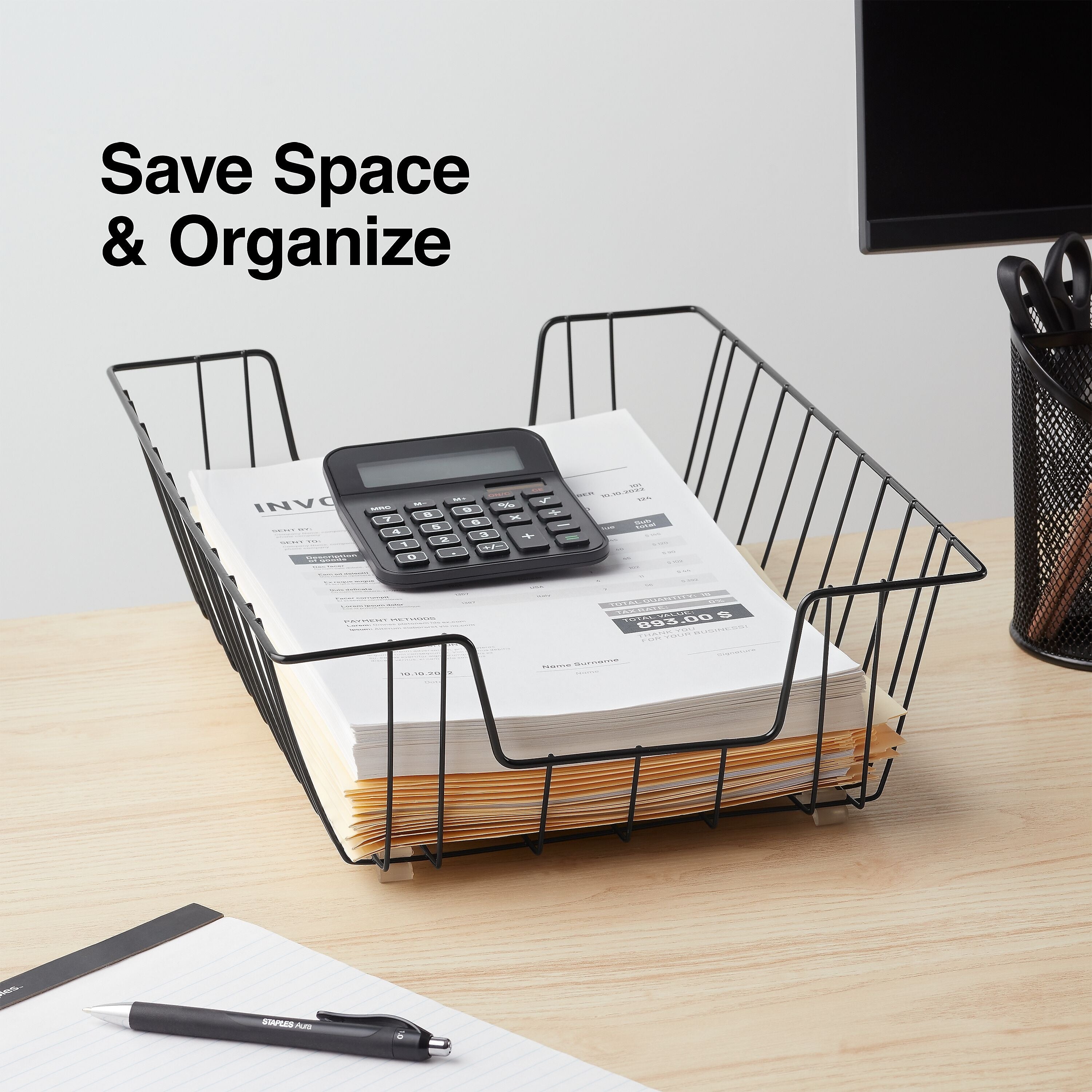Staples Front Loading Letter Tray, 4 1/2"H x 11 1/2"W x 16 1/2"D, Black Steel (10484-CC)
