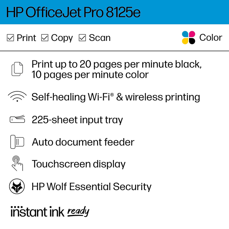 HP OfficeJet Pro 8125e Wireless Color All-in-One Printer, Print, Scan, Copy, Best for Home Office, 3 Months FREE Ink (405T6A)