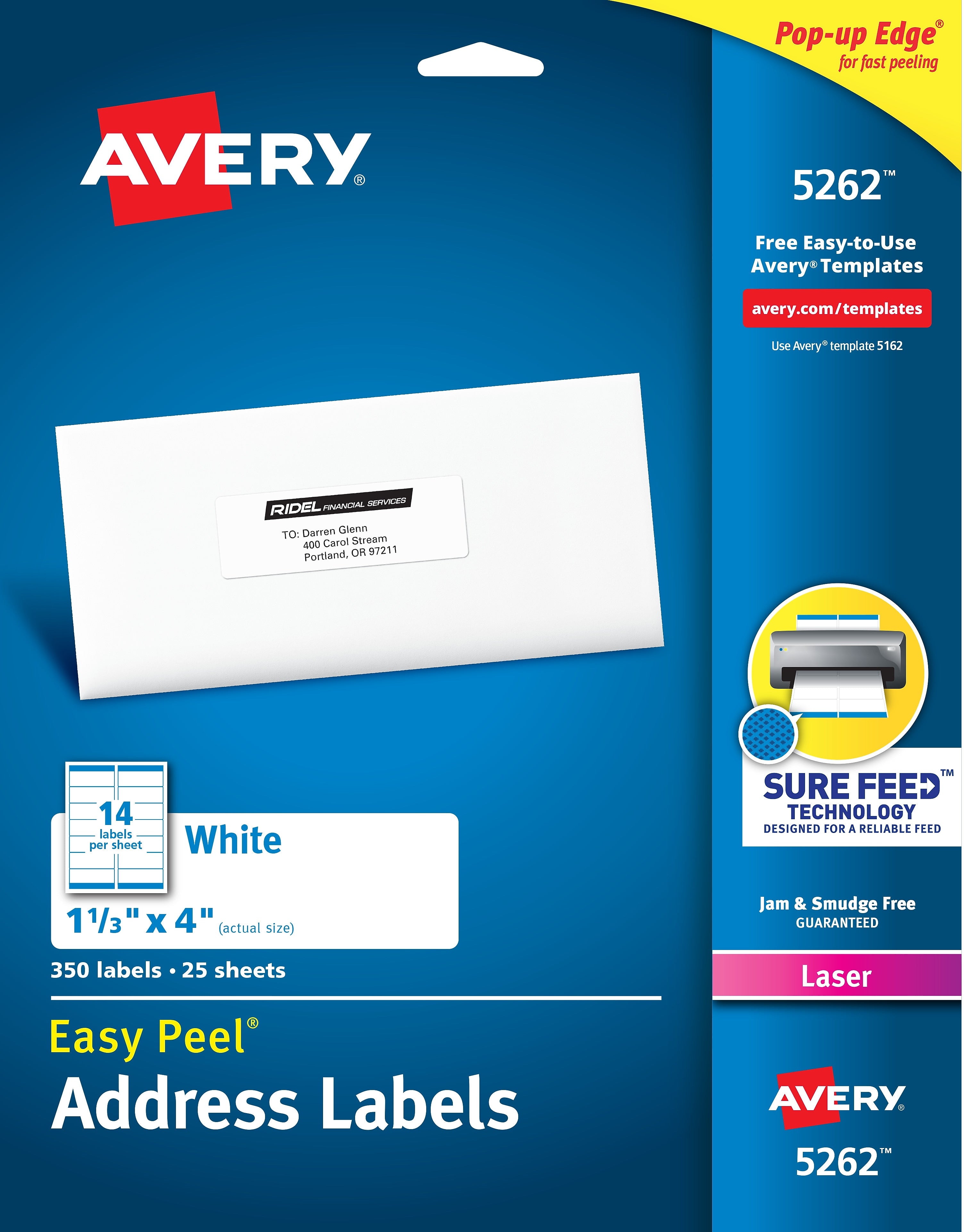 Avery Easy Peel Laser Address Labels, 1-1/3" x 4", White, 350 Labels/Pack (5262)