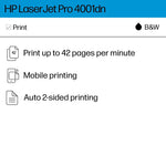 HP LaserJet Pro 4001dn Wired Black & White Laser Printer, Single Function Print, 2-Sided Printing, Best for Office (2Z600F)