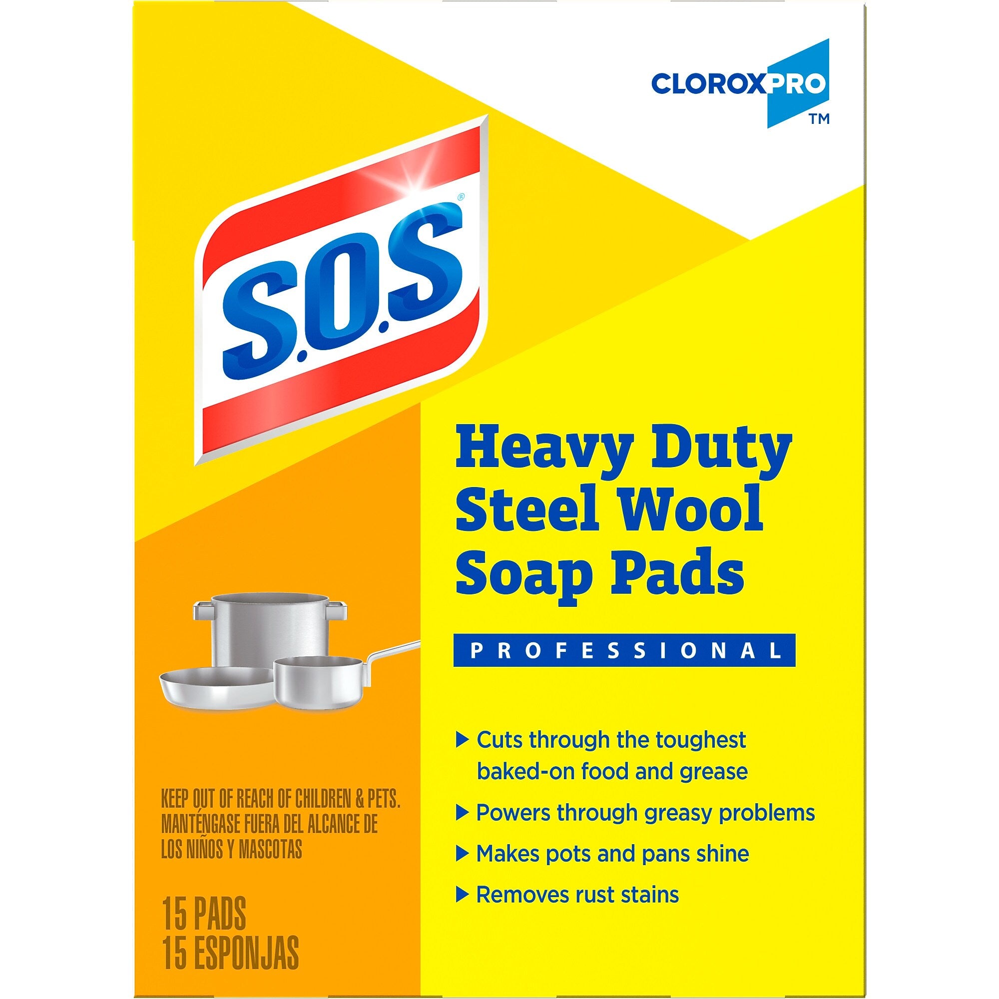 S.O.S CloroxPro Heavy Duty Steel Wool Soap Pads, Multicolored, 15 Pads/Pack (88320)