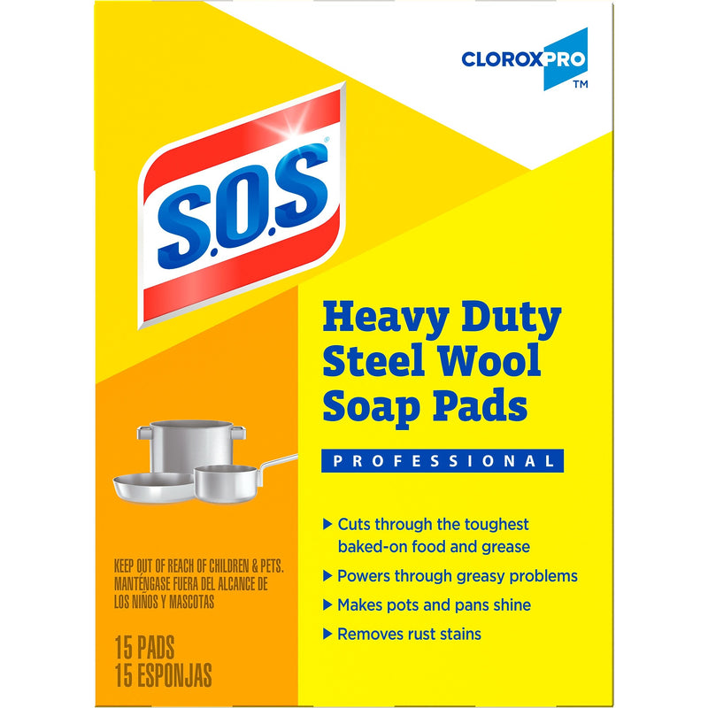 S.O.S CloroxPro Heavy Duty Steel Wool Soap Pads, Multicolored, 15 Pads/Pack (88320)