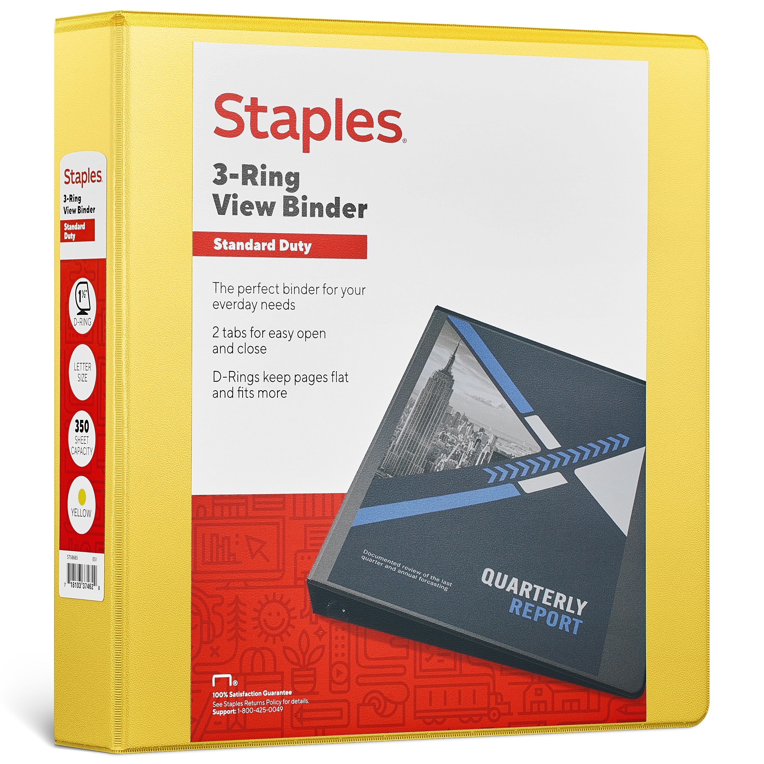 Staples 1 1/2" 3-Ring View Binders, D-Ring, Yellow (58685)