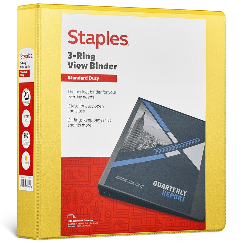 Staples 1 1/2" 3-Ring View Binders, D-Ring, Yellow (58685)